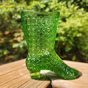 Vintage Pressed Glass Emerald Green Victorian Boot by Mosser Glass